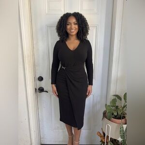 MICHAEL KORS Black Long Sleeve Midi Dress Silver Buckle Faux Wrap Size M/L